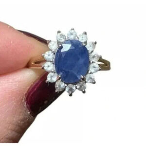 Vintage Natural Sapphire and Topaz Halo Ring Size 8 Sterling Silver 925